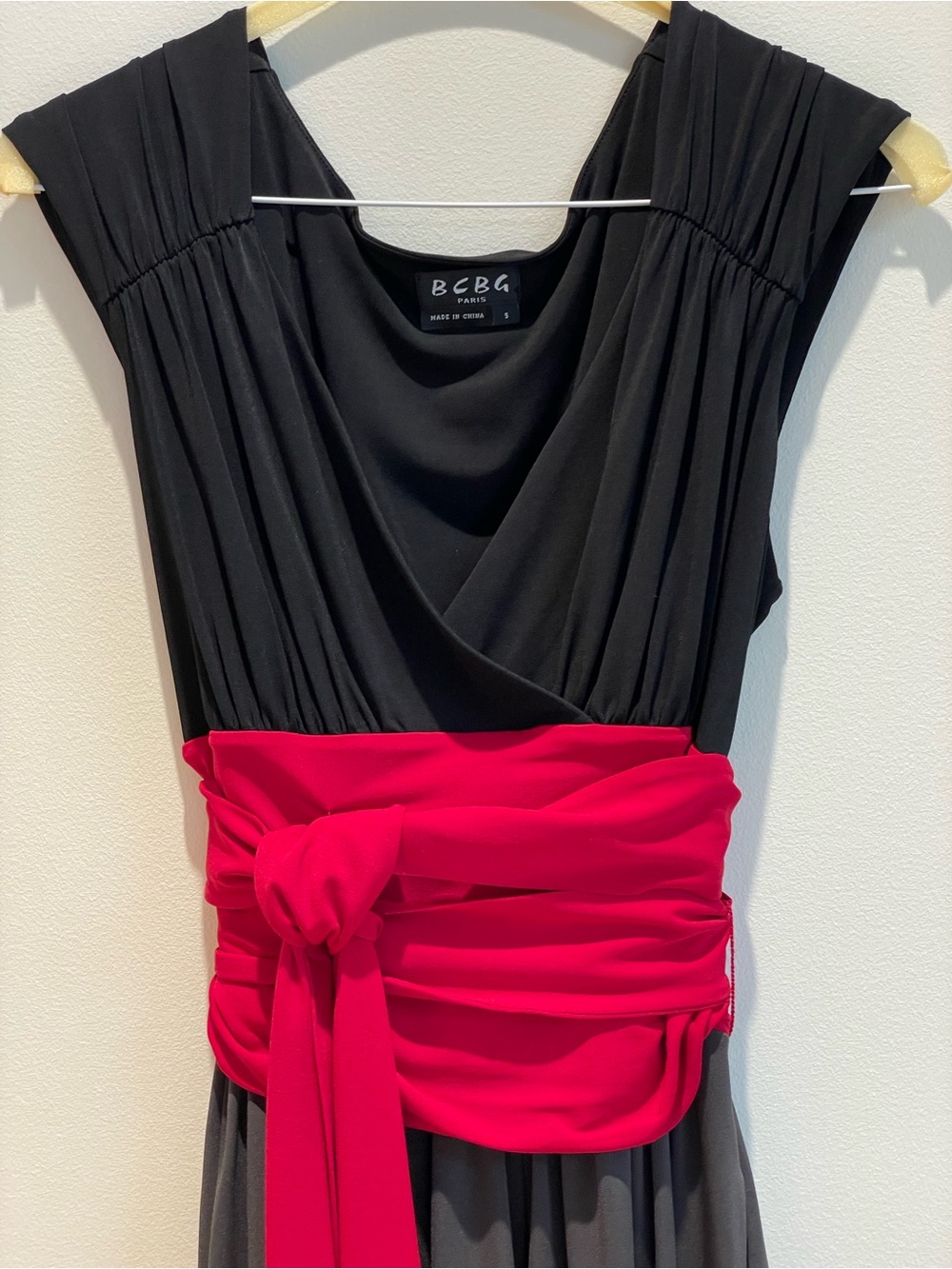 BCBG Black and Charcoal Midi Dress with Red Sash - Picture 2 of 5